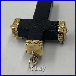 Antique Etruscan 18k yellow gold large black ebony wood cross pendant brooch