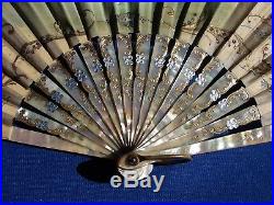 Antique FAN VICTORIAN FRENCH CARVED Mother of Pearl SILK Hand PAINTED 1800's