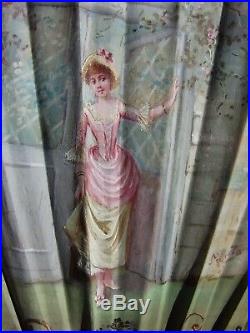 Antique FAN VICTORIAN FRENCH CARVED Mother of Pearl SILK Hand PAINTED 1800's