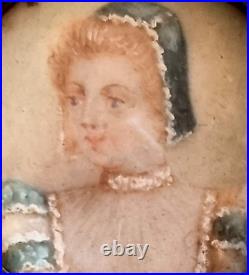 Antique FRENCH Victorian Hand Painted Portrait Miniature Silver Pearl Brooch Pin