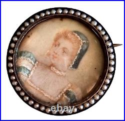 Antique FRENCH Victorian Hand Painted Portrait Miniature Silver Pearl Brooch Pin