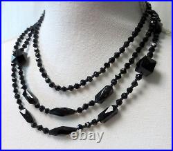 Antique Faceted Mix French Jet Beads 60 Sautoir Victorian Hand Knotted Necklace