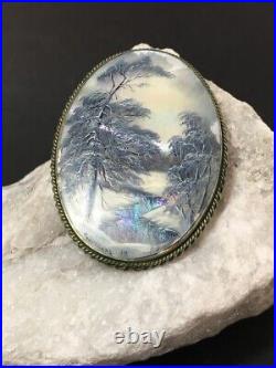 Antique Fedoskino Russian Hand Painted on Mother of Pearl Brooch