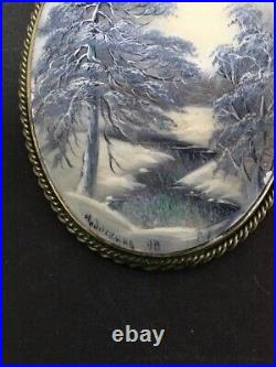 Antique Fedoskino Russian Hand Painted on Mother of Pearl Brooch