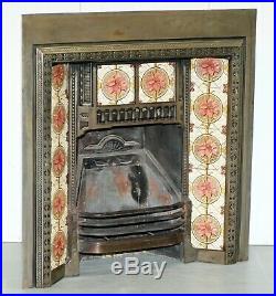 Antique Fireplace Inset Cast Iron With Lovely Vintage Hand Painted Tiles