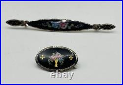 Antique Foster & Bailey VICTORIAN Sterling Silver Hand-Painted Bar Pin Brooches