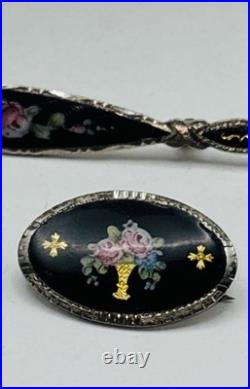 Antique Foster & Bailey VICTORIAN Sterling Silver Hand-Painted Bar Pin Brooches