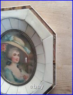 Antique Framed Victorian Hand Painted Portrait Madame Italy Shell Mosaic Inlay