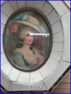 Antique Framed Victorian Hand Painted Portrait Madame Italy Shell Mosaic Inlay