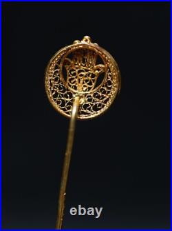 Antique French 14k Gold Filigree Hand of Hamsa Fatima Crescent Stick Pin Brooch