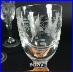 Antique French Crystal Hand Engraved Birds Cordial Stem Liquor 6 Glass Victorian