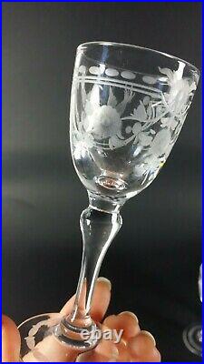 Antique French Crystal Hand Engraved Birds Cordial Stem Liquor 6 Glass Victorian