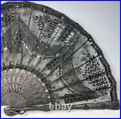 Antique French Hand Fan, c. 1905, 22cm Wood and Sequined Lace Netting EC