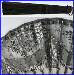 Antique French Hand Fan, c. 1905, 22cm Wood and Sequined Lace Netting EC