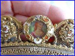 Antique French Lady Hand Painted Portrait Enamel Jeweled Ormolu Needlepoint Bag