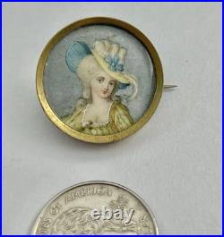 Antique French Miniature Georgian Hand Painted Lady Portrait Miniature Brooch