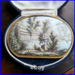 Antique French Swiss Enamel Miniature Hand Painted Brooch Classical Scene 14k