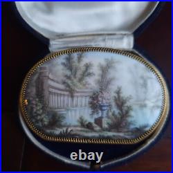 Antique French Swiss Enamel Miniature Hand Painted Brooch Classical Scene 14k