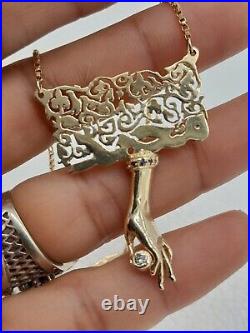 Antique French Victorian 14k Diamond Mudra hand filigree 32.5 necklace 16.2g