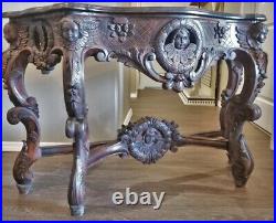 Antique French Victorian Entry Sofa Console Table Hand Mahogany Cherub Caryatids