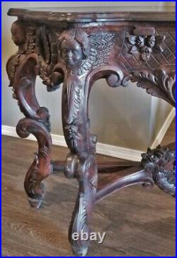 Antique French Victorian Entry Sofa Console Table Hand Mahogany Cherub Caryatids