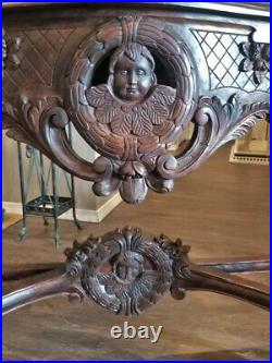 Antique French Victorian Entry Sofa Console Table Hand Mahogany Cherub Caryatids