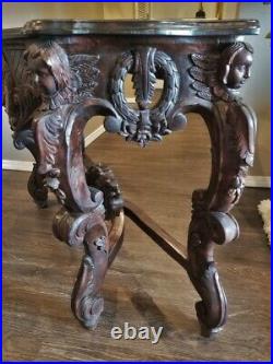 Antique French Victorian Entry Sofa Console Table Hand Mahogany Cherub Caryatids