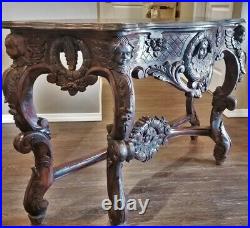 Antique French Victorian Entry Sofa Console Table Hand Mahogany Cherub Caryatids