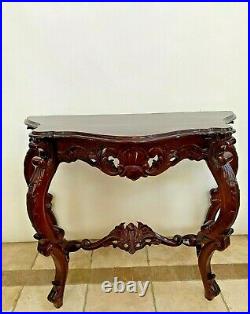 Antique French Victorian Entry Sofa Table Console Hand Carved Solid Mahogany