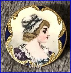 Antique French Victorian Estate Hand Painted Portrait Pin Gold Gilding Brooch