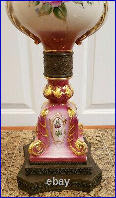 Antique French Victorian Hand Painted Colorful Floral Table Lamp Signed-LOVELY