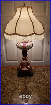 Antique French Victorian Hand Painted Colorful Floral Table Lamp Signed-LOVELY