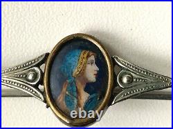 Antique French Victorian Hand painted Miniature brooch Beautiful ladies profil