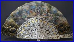 Antique French Victorian Napoleon III Pierced Gilt Mother of Pearl Hand Fan, 19C