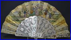 Antique French Victorian Napoleon III Pierced Gilt Mother of Pearl Hand Fan, 19C