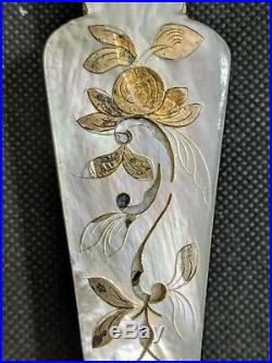 Antique French Victorian Napoleon III Pierced Gilt Mother of Pearl Hand Fan, 19C