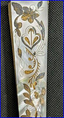 Antique French Victorian Napoleon III Pierced Gilt Mother of Pearl Hand Fan, 19C