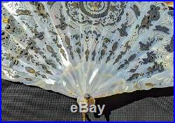 Antique French Victorian Pierced Mother of Pearl WithGilt Hand Fan in Original Box