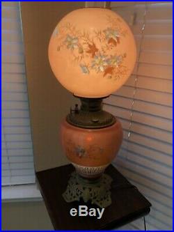 Antique GWTW Lamp Hand-painted Pink Red Flowers Globe Brass Base Victorian
