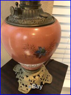 Antique GWTW Lamp Hand-painted Pink Red Flowers Globe Brass Base Victorian