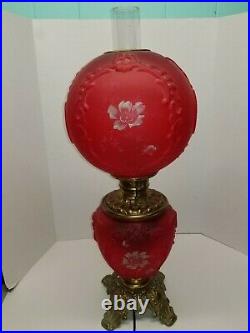 Antique GWTW Ruby Red Satin Rochester Gone Wind Globe Hand Painted Banquet Lamp