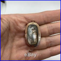Antique Georgian 14k rose gold hand painted pendant brooch pin Victorian lady