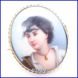 Antique Georgian Victorian 18ct Gold Hand Painted Portrait Lady Woman Brooch
