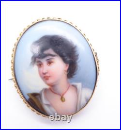 Antique Georgian Victorian 18ct Gold Hand Painted Portrait Lady Woman Brooch