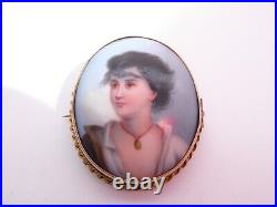 Antique Georgian Victorian 18ct Gold Hand Painted Portrait Lady Woman Brooch