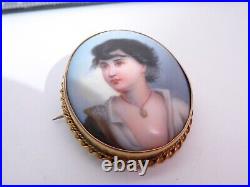 Antique Georgian Victorian 18ct Gold Hand Painted Portrait Lady Woman Brooch