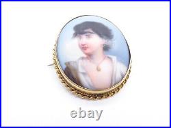 Antique Georgian Victorian 18ct Gold Hand Painted Portrait Lady Woman Brooch