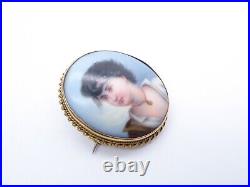Antique Georgian Victorian 18ct Gold Hand Painted Portrait Lady Woman Brooch