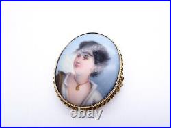 Antique Georgian Victorian 18ct Gold Hand Painted Portrait Lady Woman Brooch
