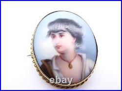 Antique Georgian Victorian 18ct Gold Hand Painted Portrait Lady Woman Brooch